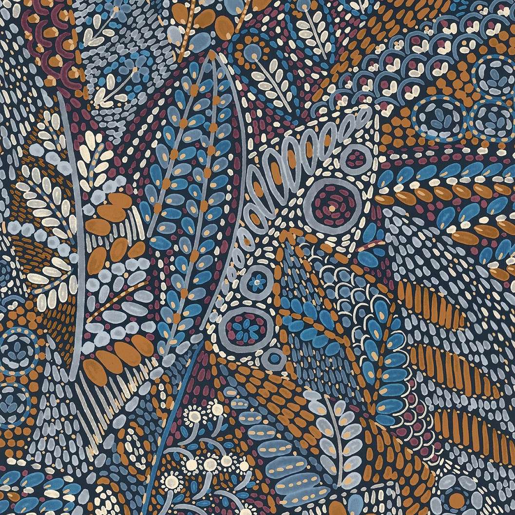 Mediterrán stílusú kék apró geometria formákból álló absztakt levél mintás dekor tapéta