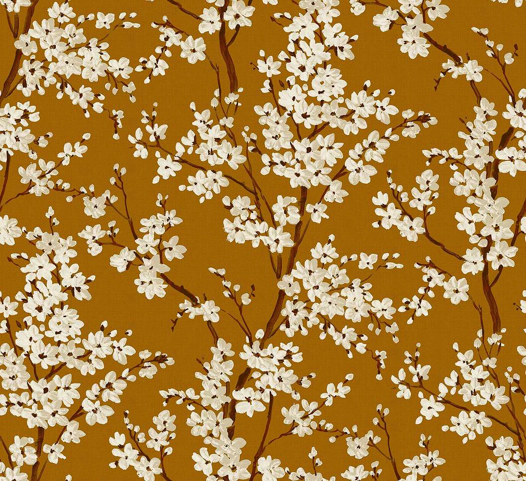 Mézbarna cseresznyevirág mintás dekor tapéta