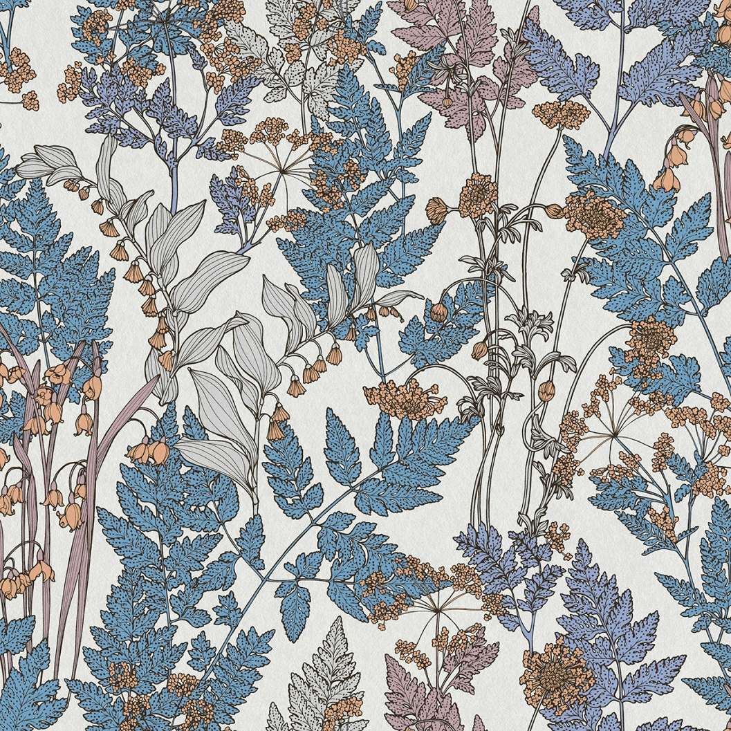 Mezei virágmintás design tapéta kék fehér színvilágban