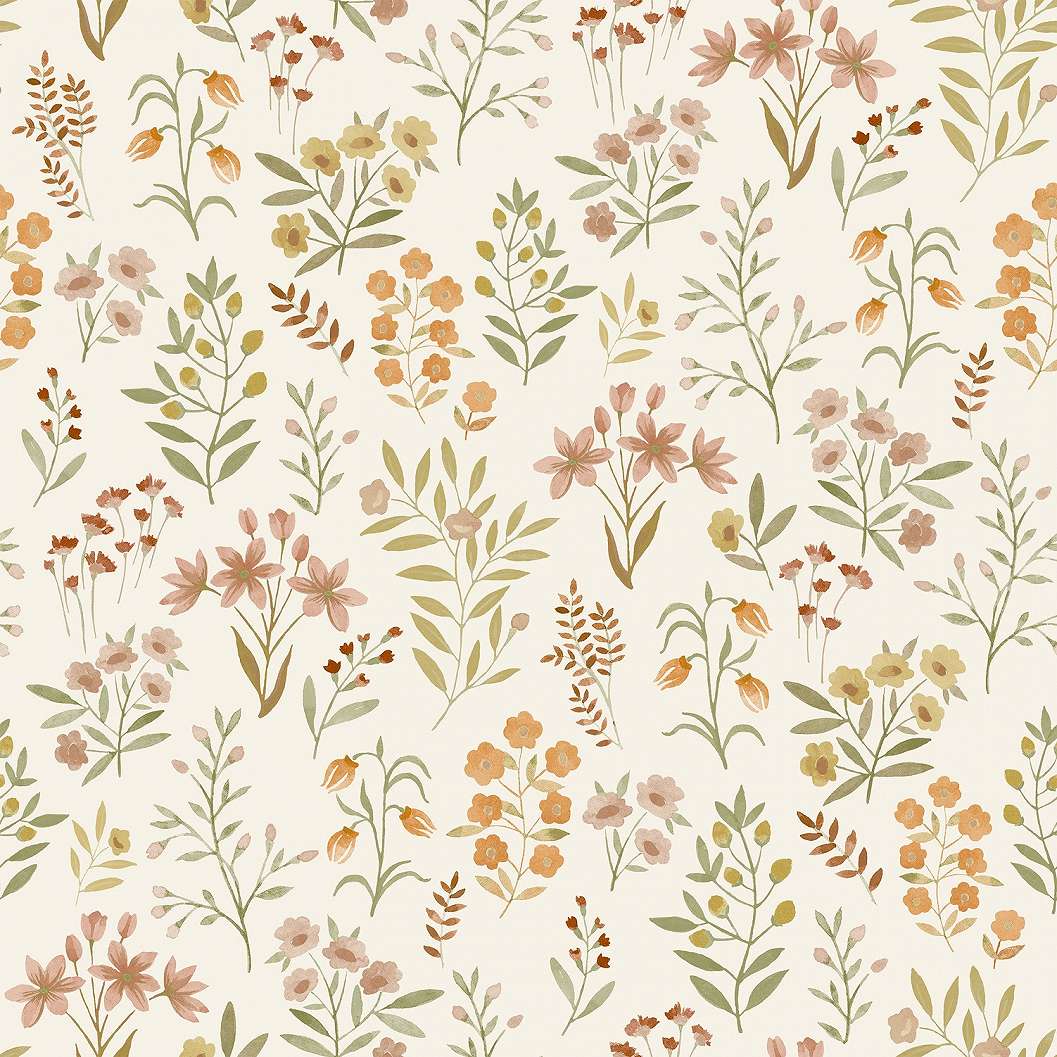 Mezei virágos dekor tapéta narancs kék virágokkal