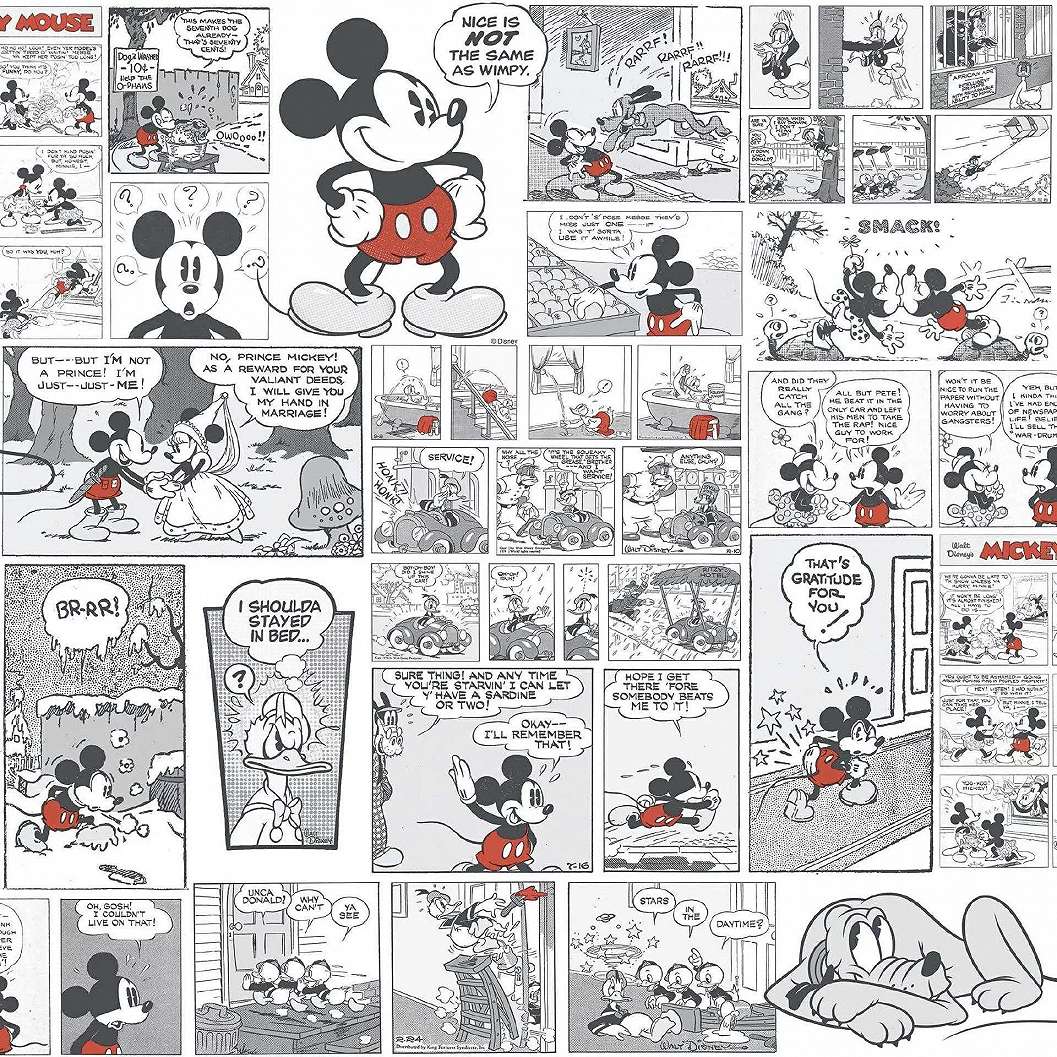 Mickey Mouse gyerektapéta fekete-fehér színben piros Mickey Mouse mintával