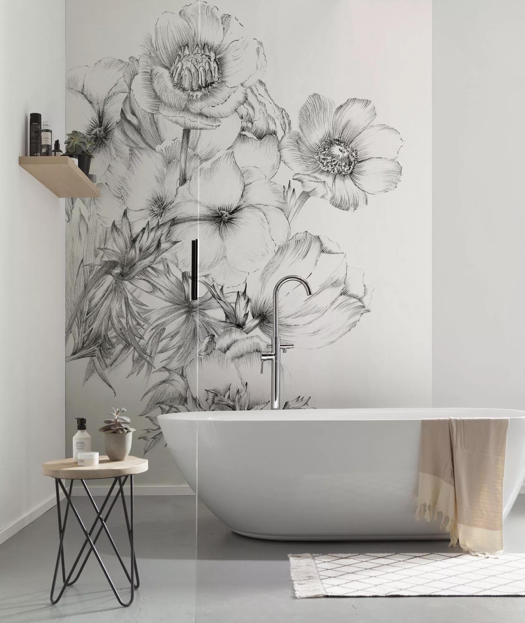 Minimalista fali poszter fekete fehér virág mintával rajzolt stílusban