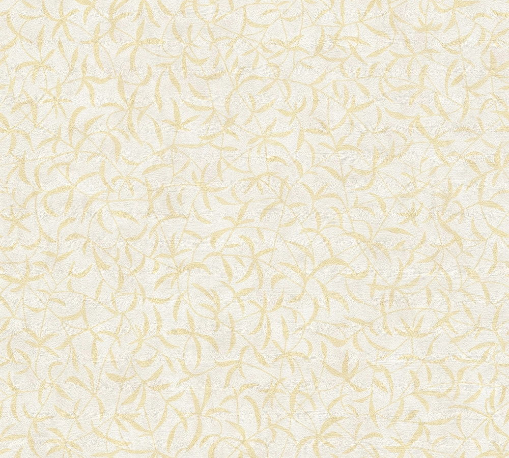Modern botanika stílusú sárga beige színű apró inda levél mintás design tapéta