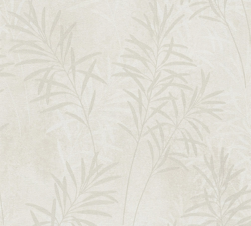 Modern botanika stílusú világos szürke és krém levél mintás design tapéta