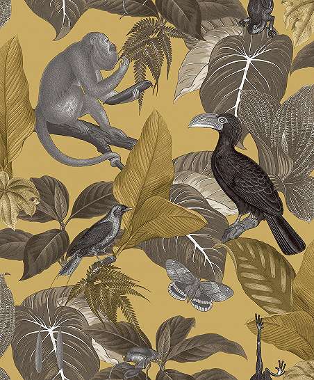 Modern botanikus mintás design tapéta majom és pálma mintával