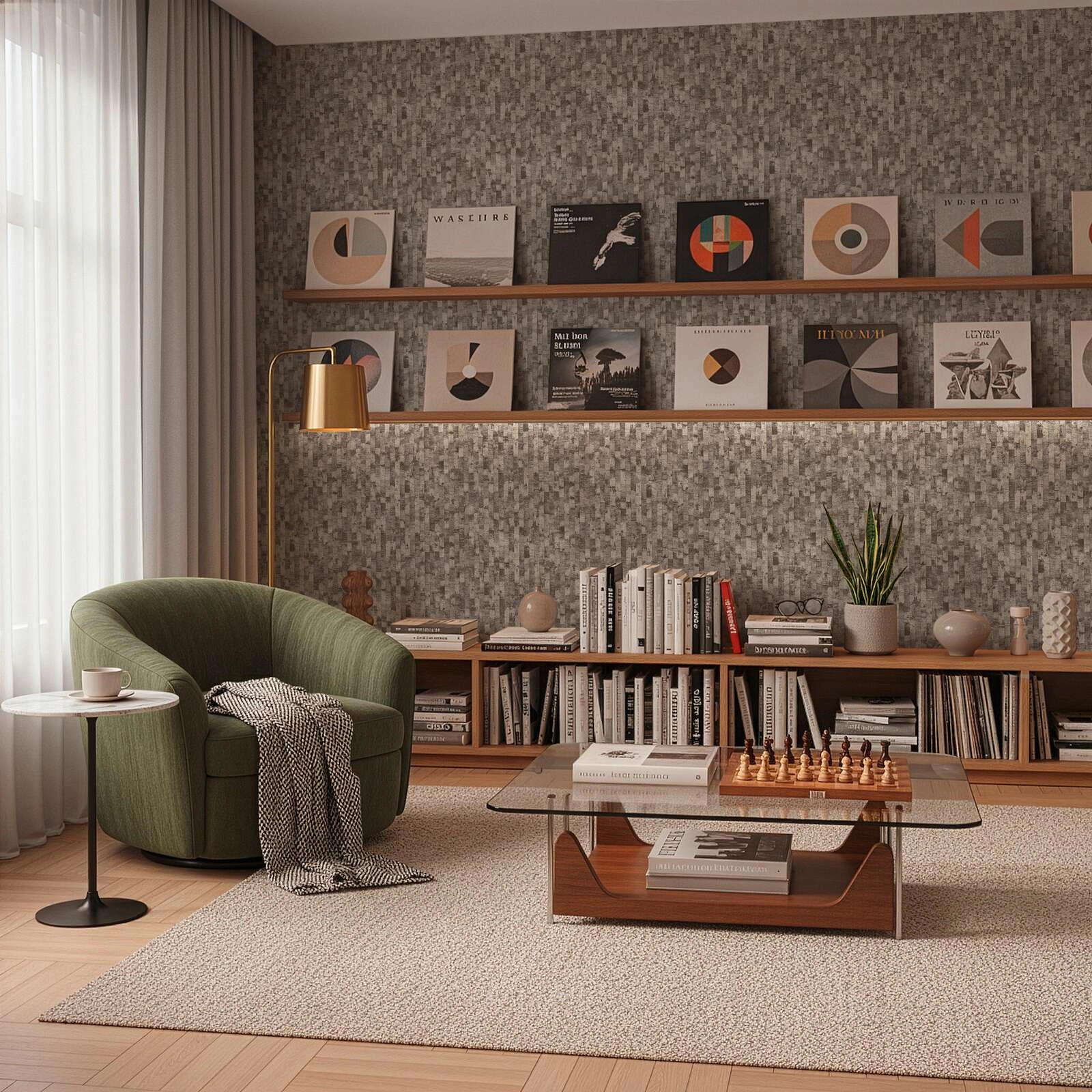 Modern csíkos fahatású mintás design tapéta enyhén fényes beige és sötétszürke színvilágban