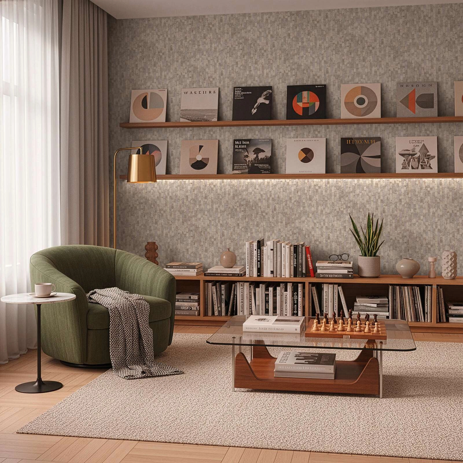 Modern csíkos fahatású mintás design tapéta enyhén fényes beige színvilágban