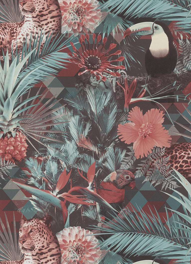 Modern design tapéta dzsungel hangulatban leopárd, tukán mintával kék és korall színvilágban