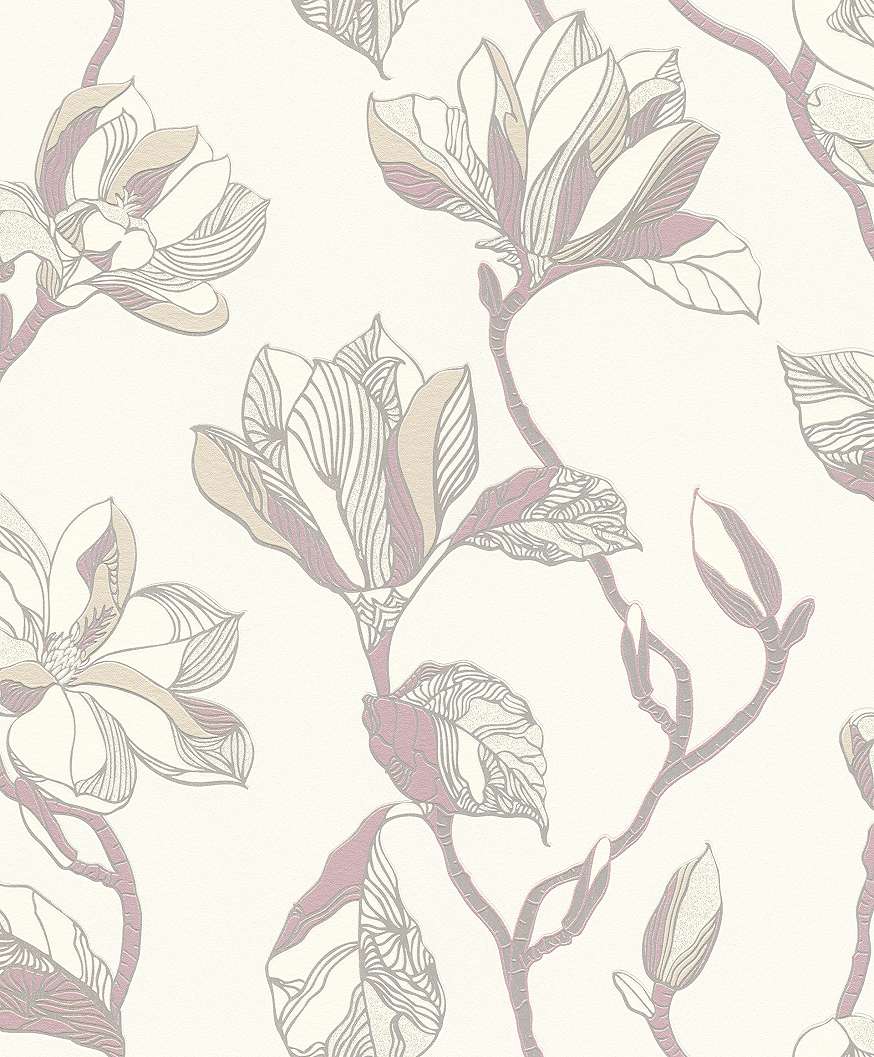Modern fehér ezüst lila csillogó virág mintás tapéta