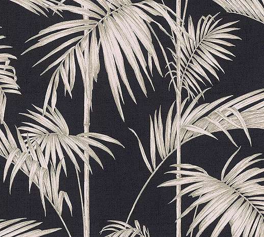 Modern fekete, bronz trópusi pálma levél mintás vlies tapéta