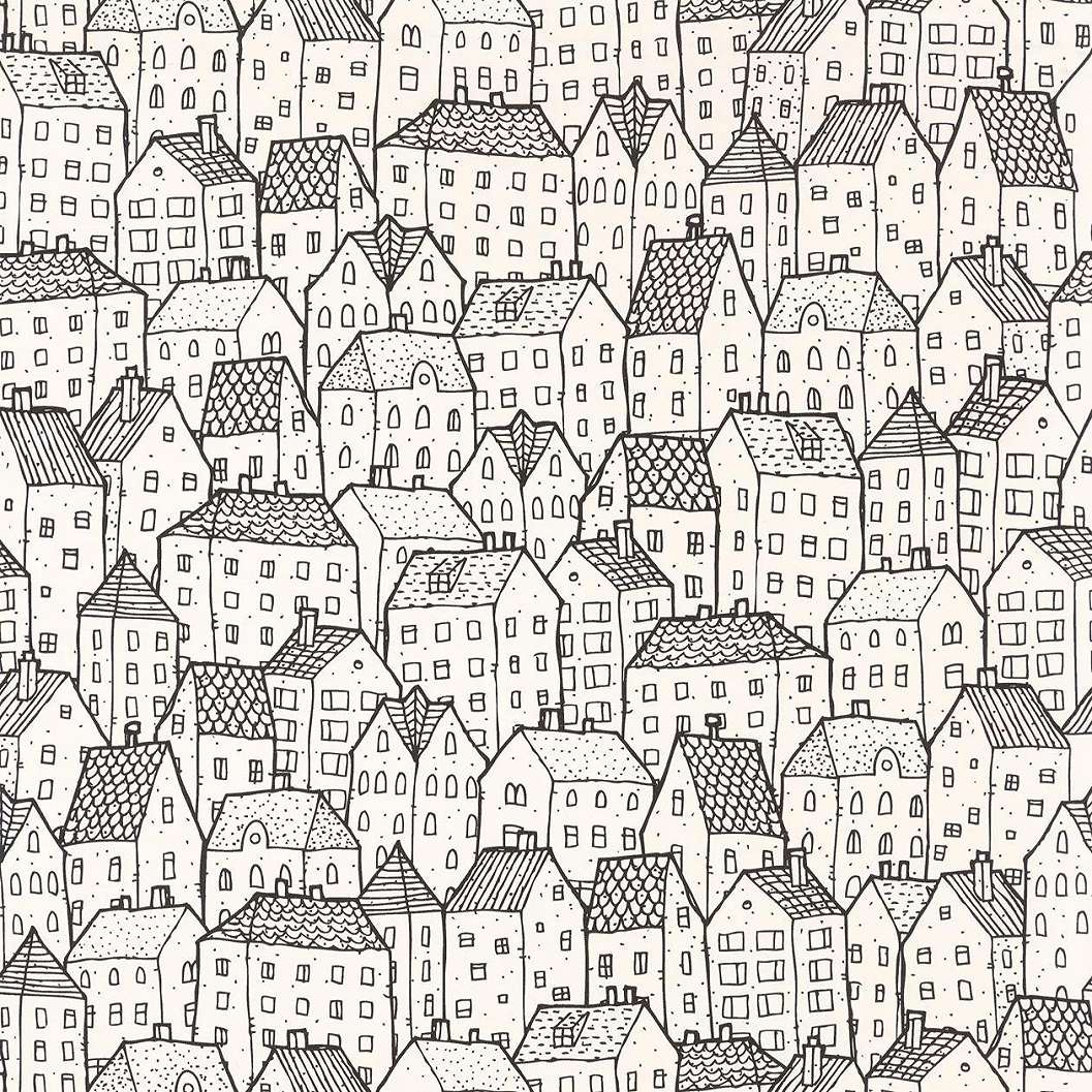 Modern fekete-fehér skandináv stílusú rajzolt ház mintás tapéta