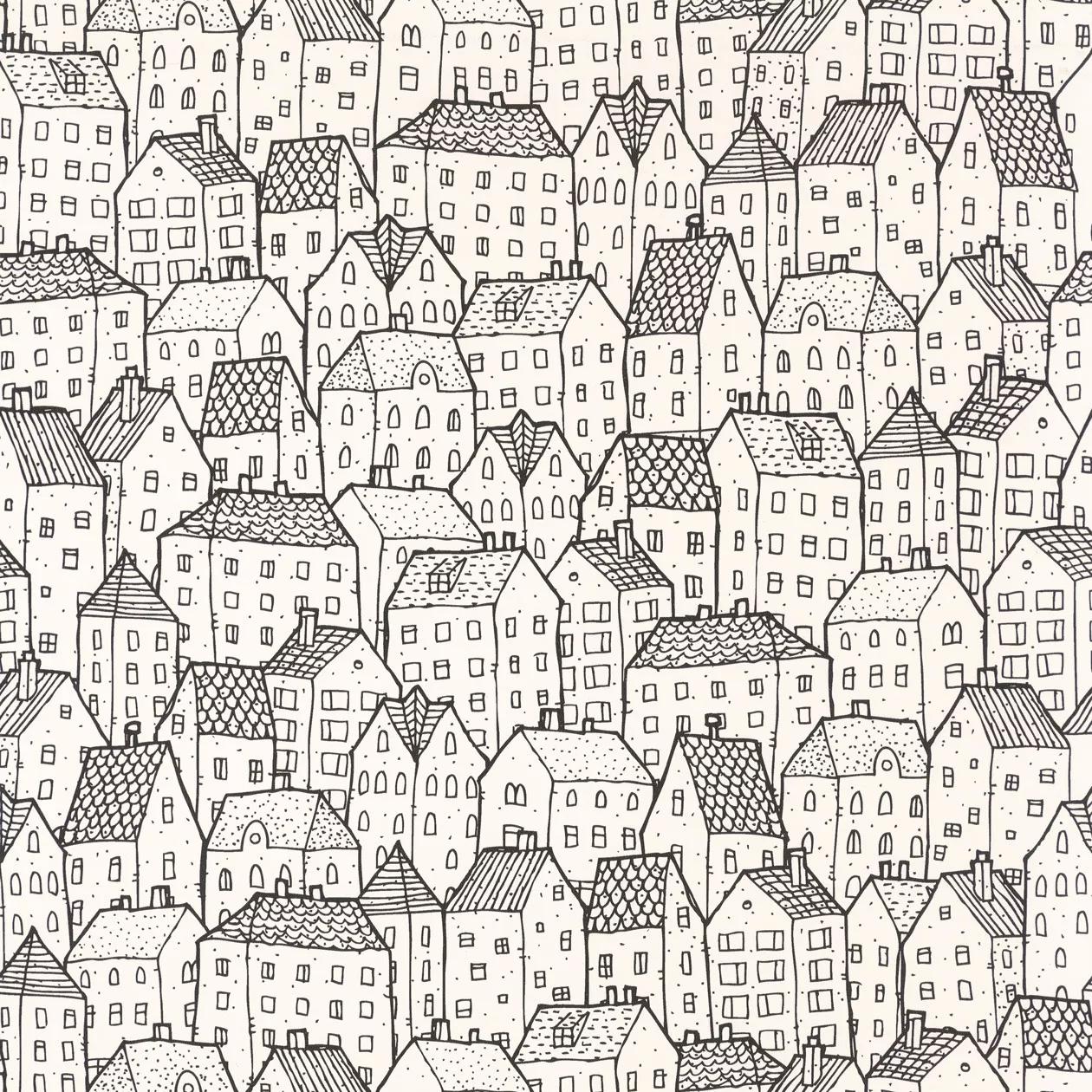 Modern fekete-fehér skandináv stílusú rajzolt ház mintás tapéta