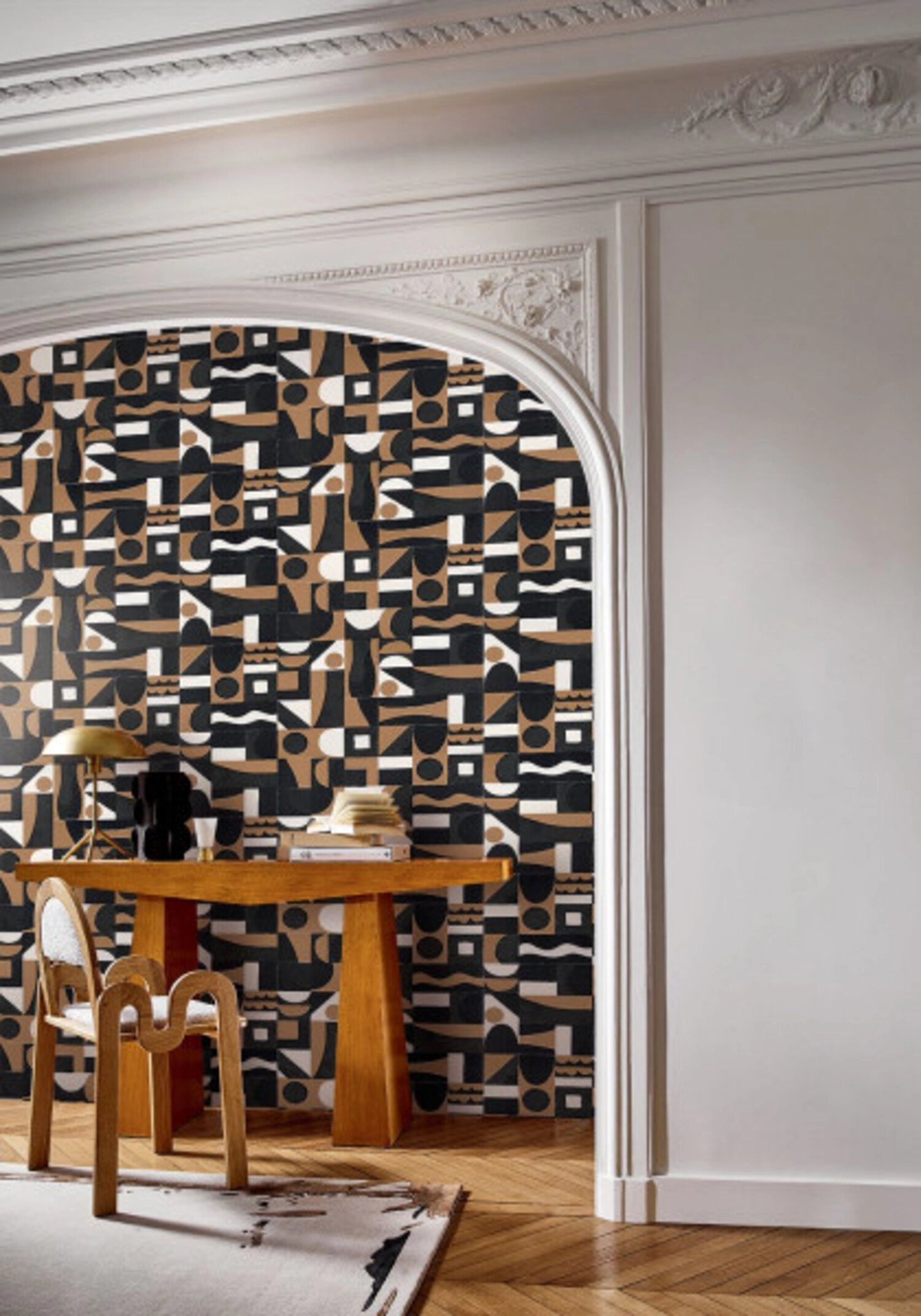 Modern geometrai mintás luxus Casamance dekor tapéta fekete, fehér, arany színekkel