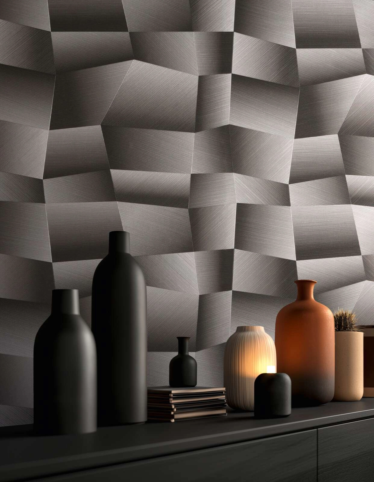Modern geometria mintás design tapéta enyhén fényes fekete és szürke színvilágban