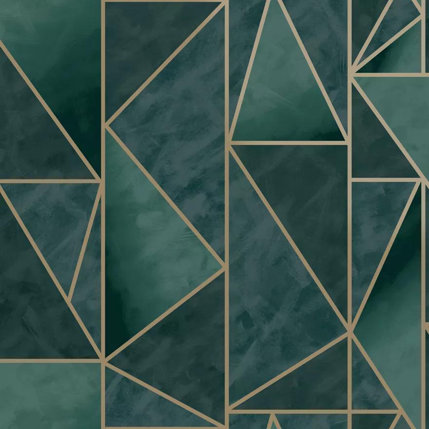Modern geometrikus mintás vlies tapéta zöld alapon metál fényű mintával