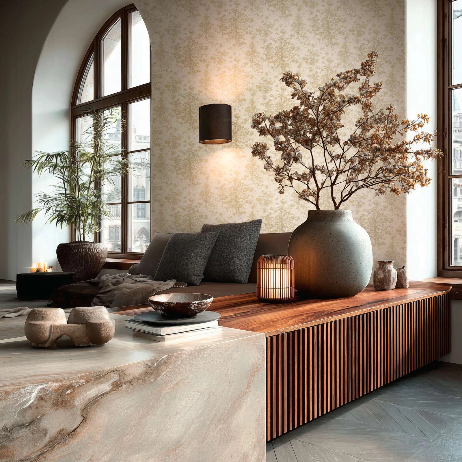 Modern koptatott fa mintás design tapéta fényes arany és beige színvilágban
