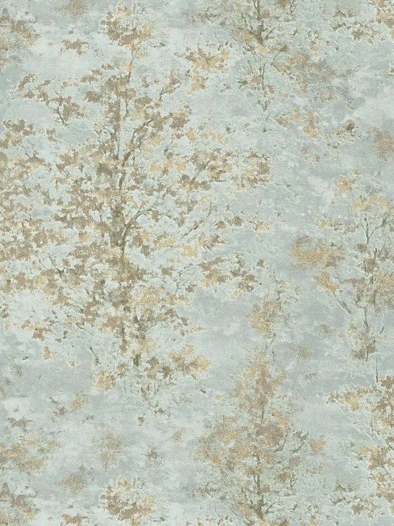 Modern koptatott fa mintás design tapéta fényes arany és égkék színvilágban