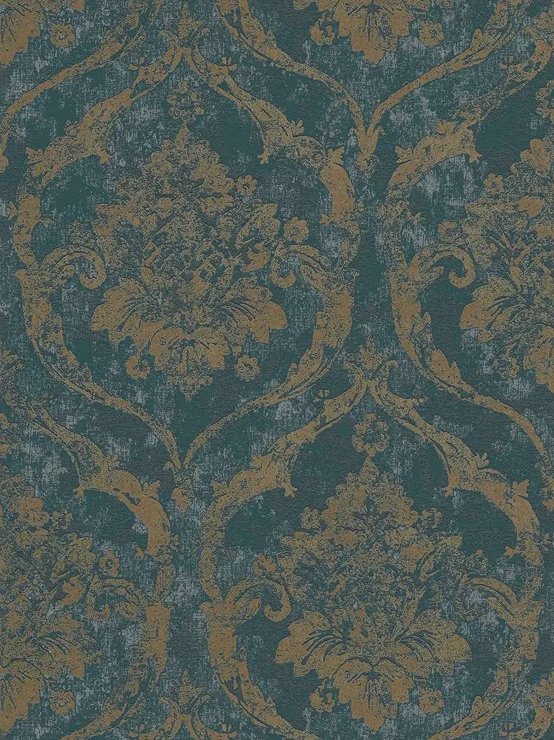 Modern koptatott virág mintás design tapéta metálfényes arany és türkiz színvilágban