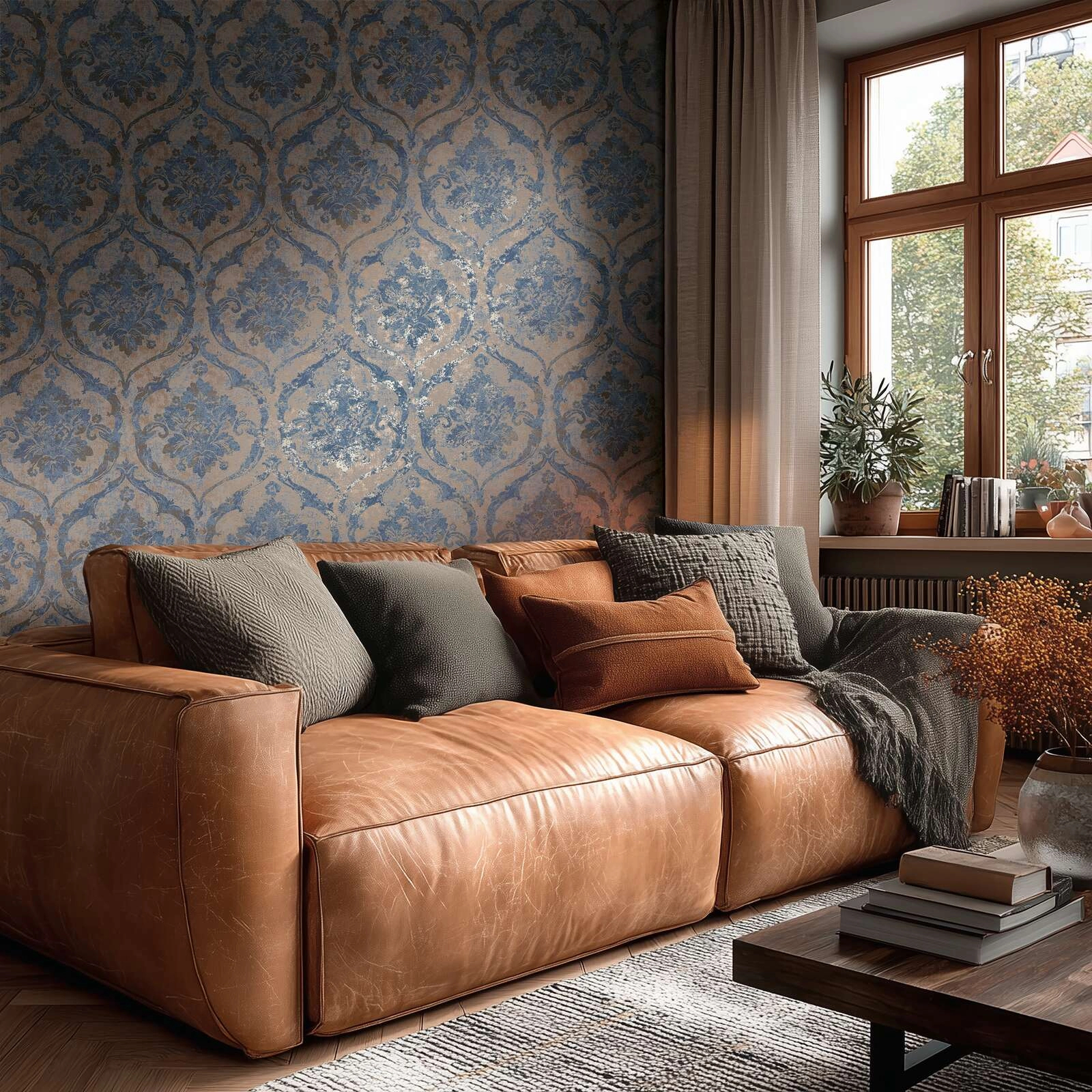 Modern koptatott virág mintás design tapéta metálfényes kék, arany és homokbarna színvilágban