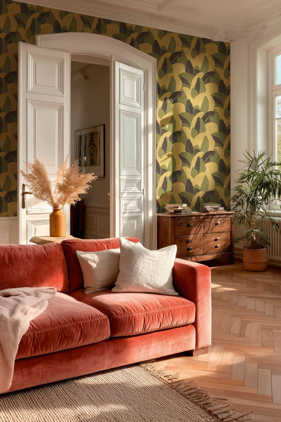 Modern levél mintás design tapéta enyhén fényes sárga és zöld színvilágban