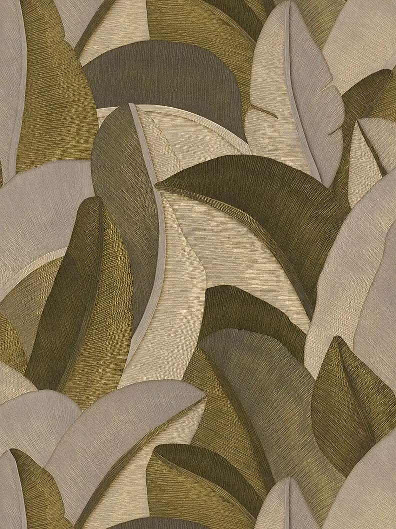 Modern levél mintás design tapéta metál fényes arany és beige színvilágban