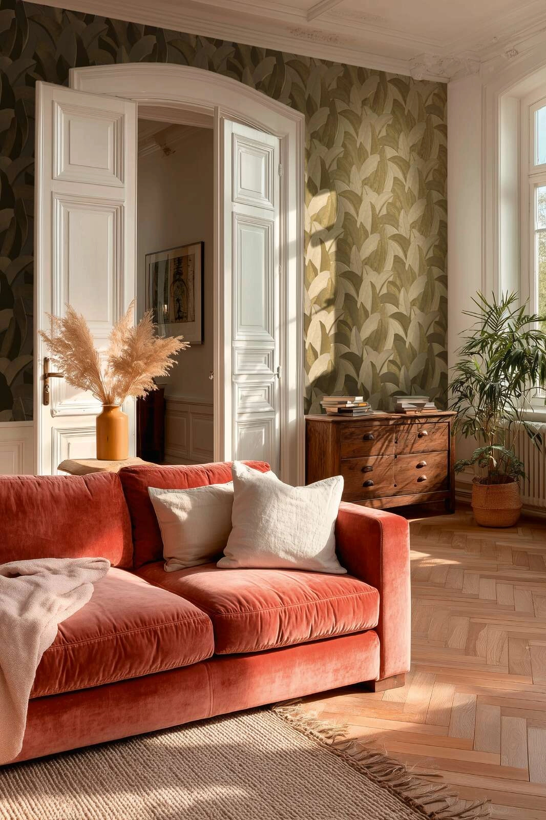 Modern levél mintás design tapéta metál fényes arany és beige színvilágban