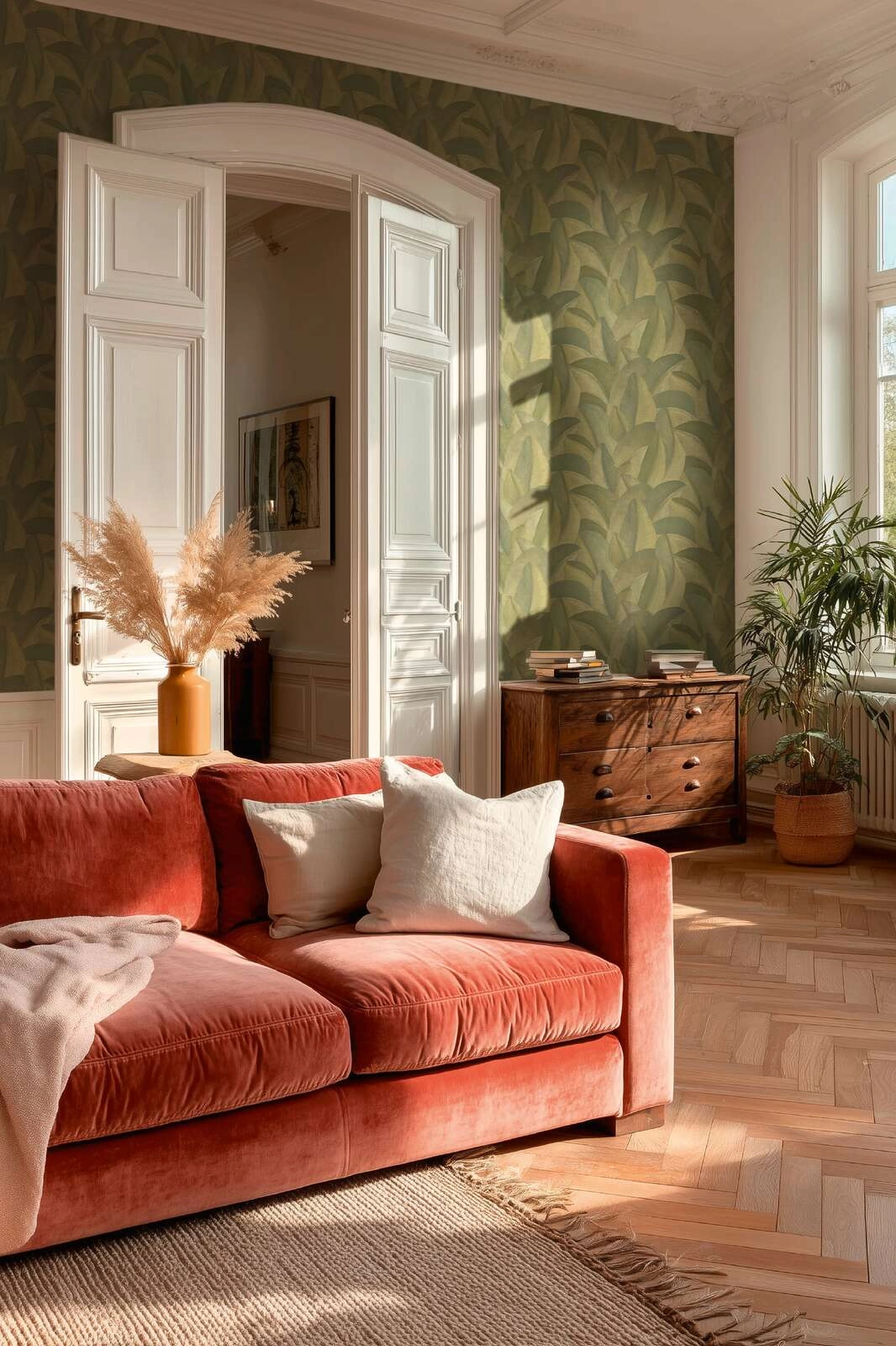 Modern levél mintás design tapéta metál fényes arany és zöld színvilágban
