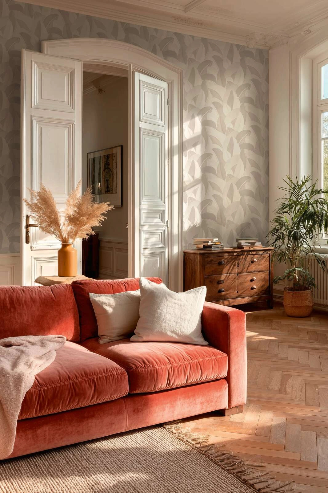 Modern levél mintás design tapéta metál fényes gyöngyház, krém és beige színvilágban