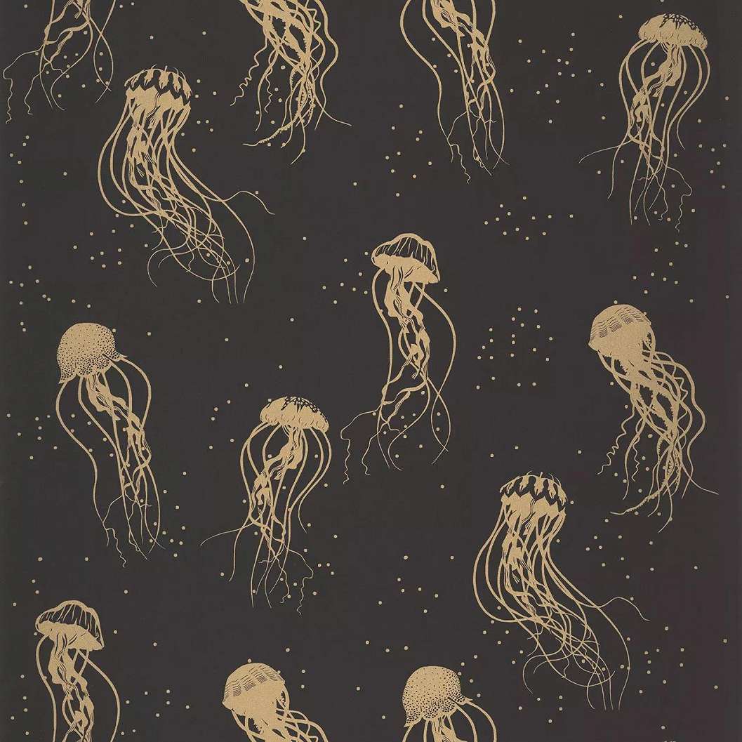 Modern tapéta fekete alapon arany medúza mintával