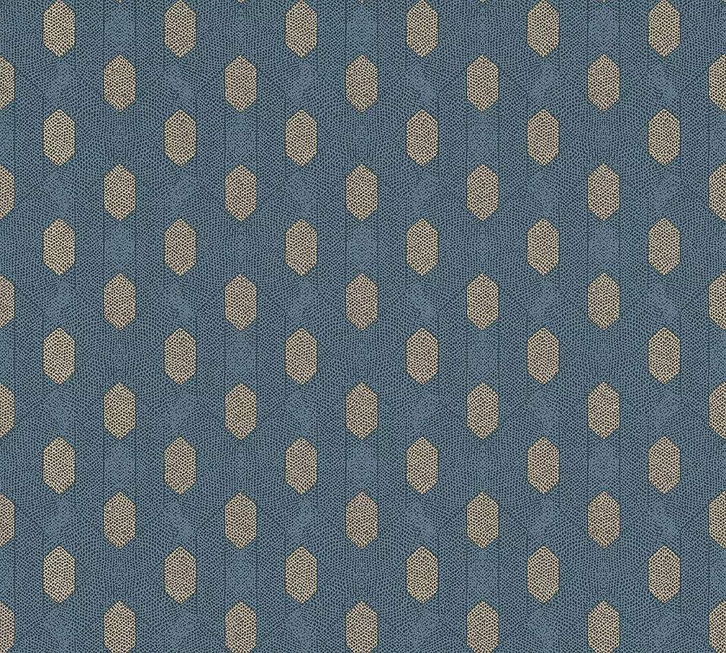 Modern tapéta kék alapon bézs geometriai mintával
