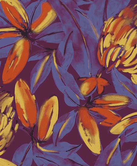Modern trópusi botanikus mintás design tapéta lilás színvilágban