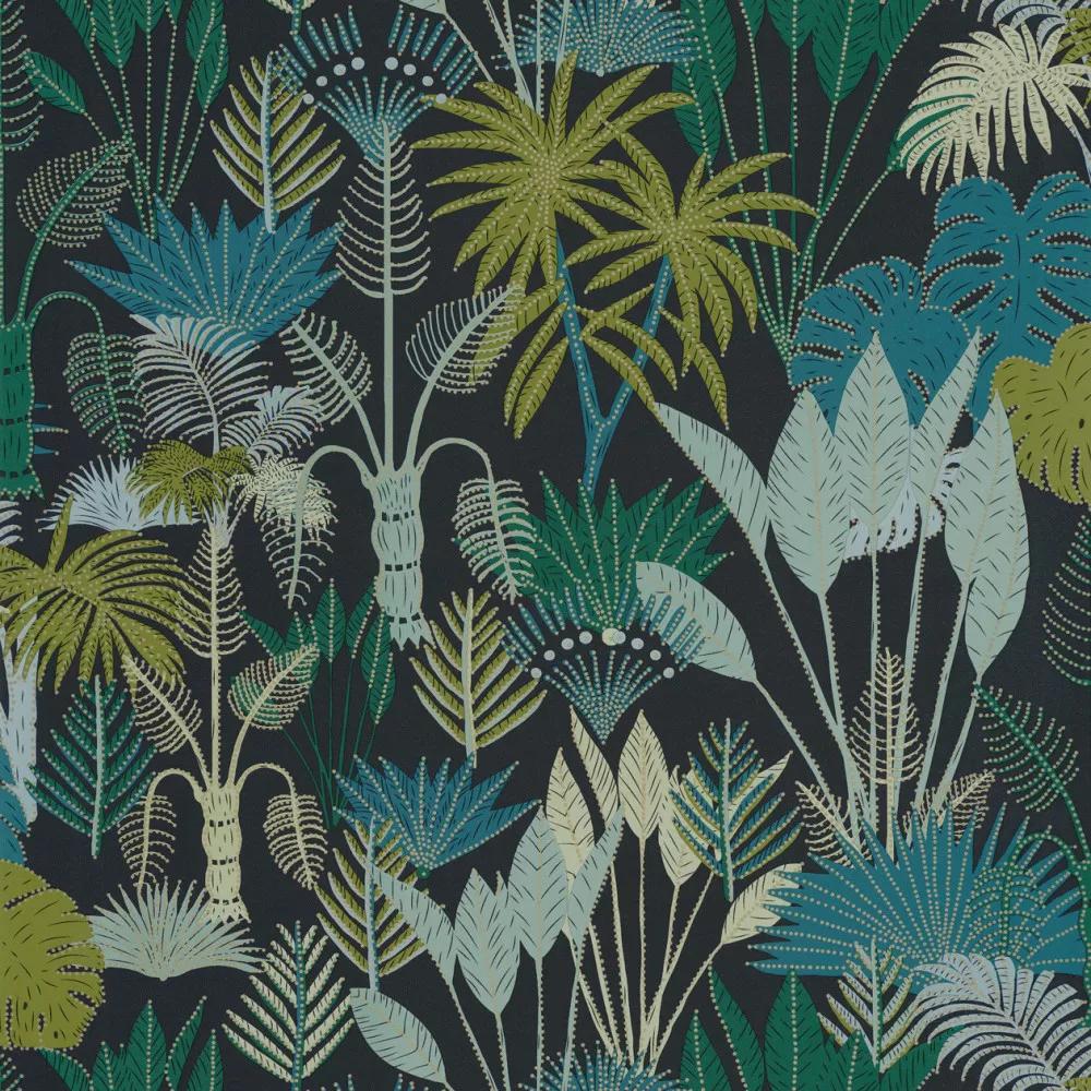 Modern trópusi dzsungel mintás vlies tapéta sötétkék zöld színvilágban