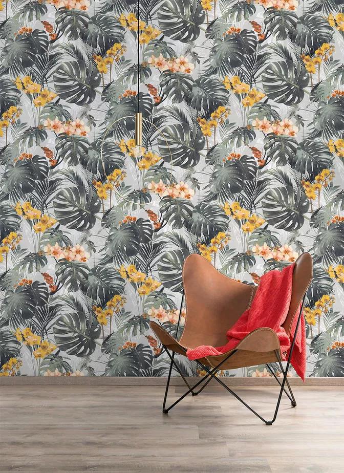 Modern trópusi hangulatú design tapéta pálmalevél és orchidea virág mintával