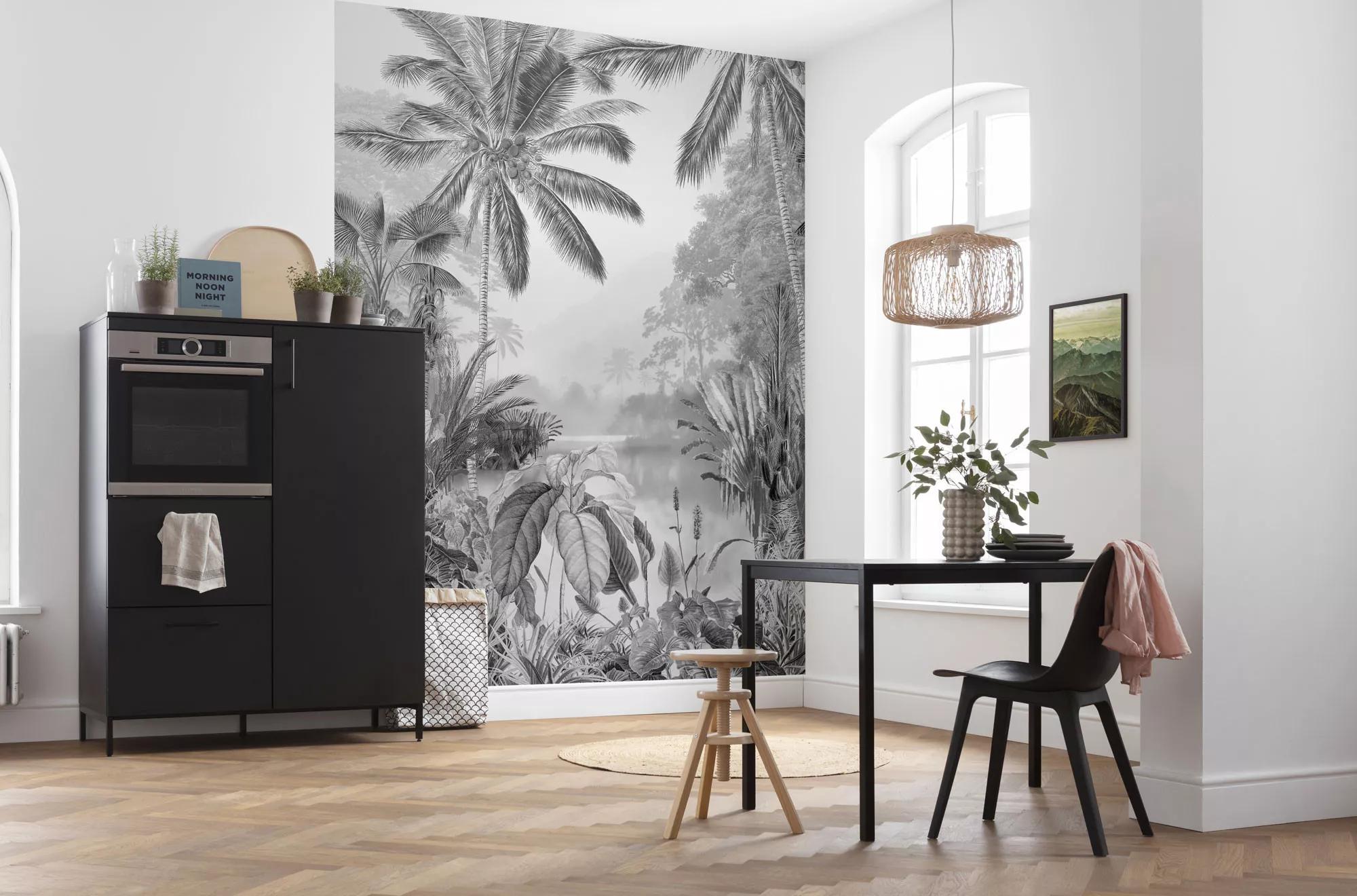 Modern trópusi mintás vlies fali poszter fekete fehér színvilágban
