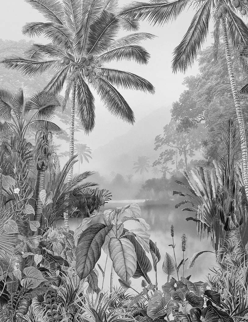 Modern trópusi mintás vlies fali poszter fekete fehér színvilágban