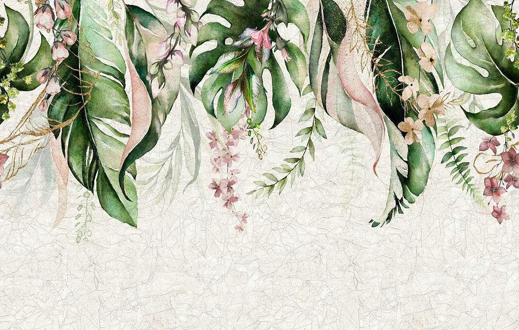Modern trópusi pálmaleveled poszter zöld rózsaszín levél mintával