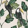 Modern tukán madár mintás tapéta zöld bézs színvilágban