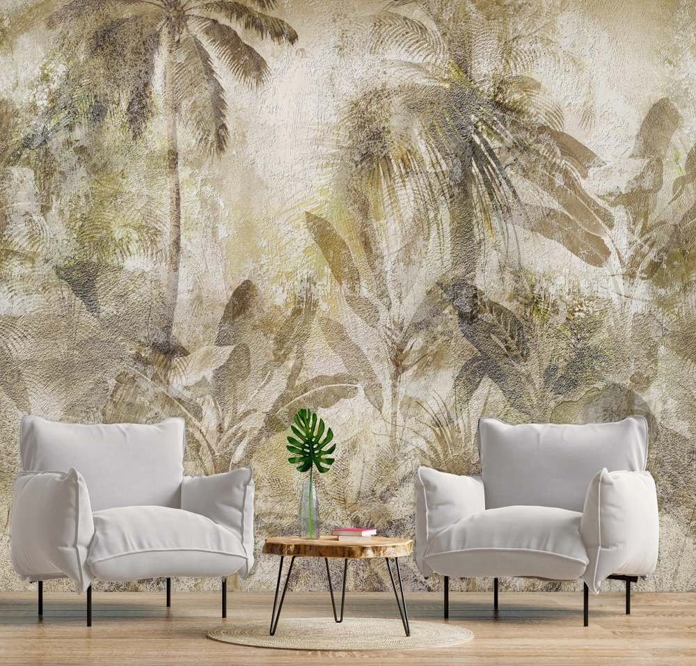 Modern vintage trópusi botanikus mintás posztertapéta beige barna színvilágban