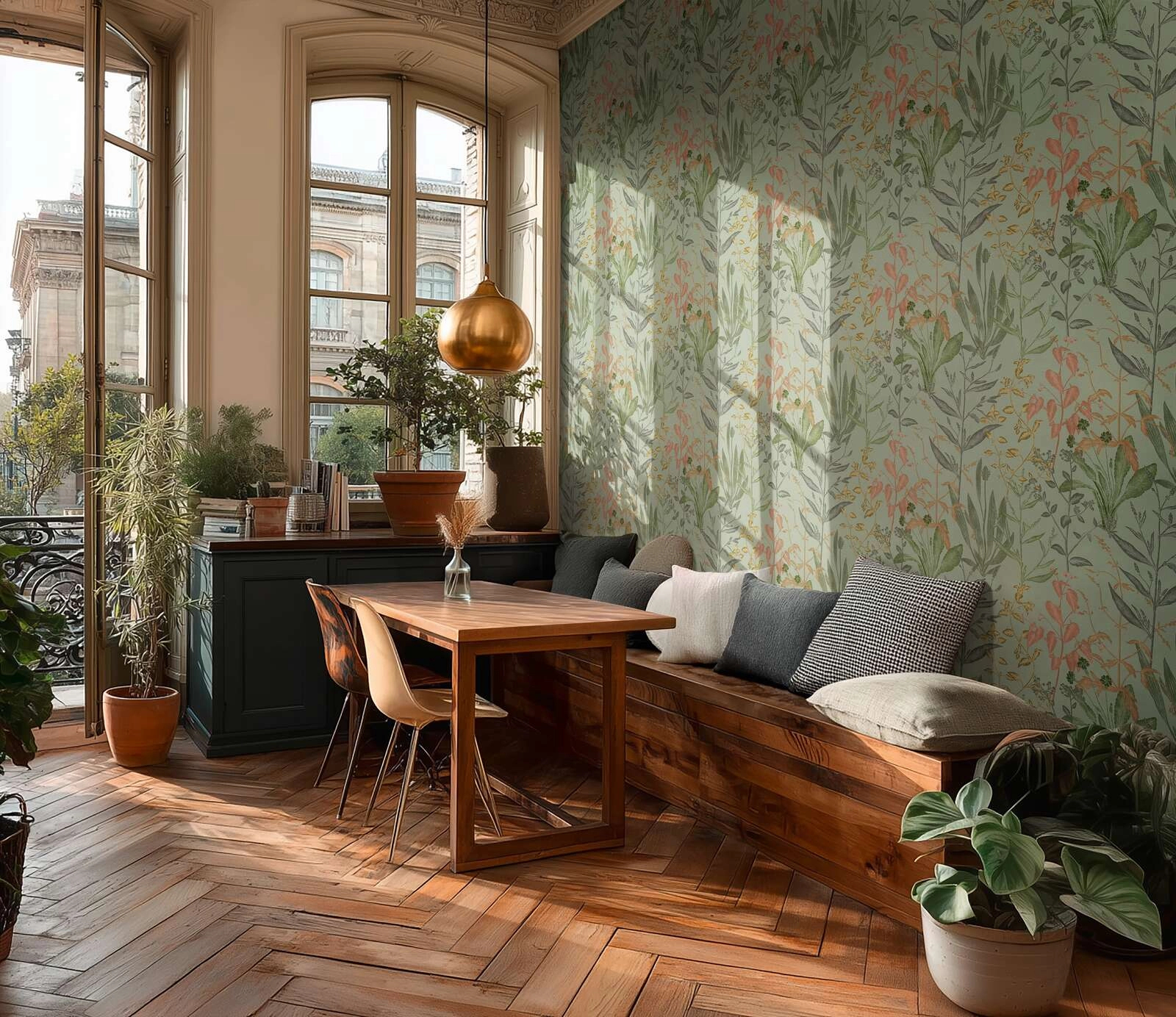 Modern virág mintás design tapéta matt világoszöld és rózsaszín színvilágban