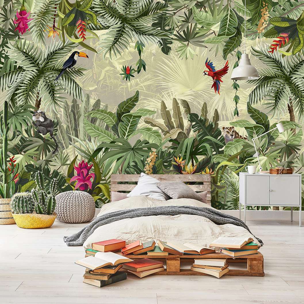 Modern vlies fali poszter trópusi dzsungel és állat mintával papagáj tukán 368x254 vlies