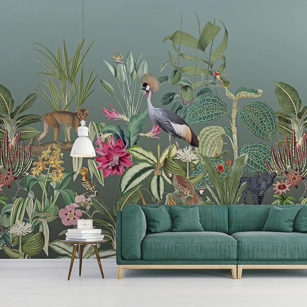 Modern vlies fali poszter trópusi madár, virág és pálma mintával