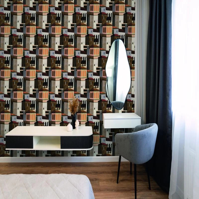 Mosható dekor tapéta antique épület mintával barack és barna színben