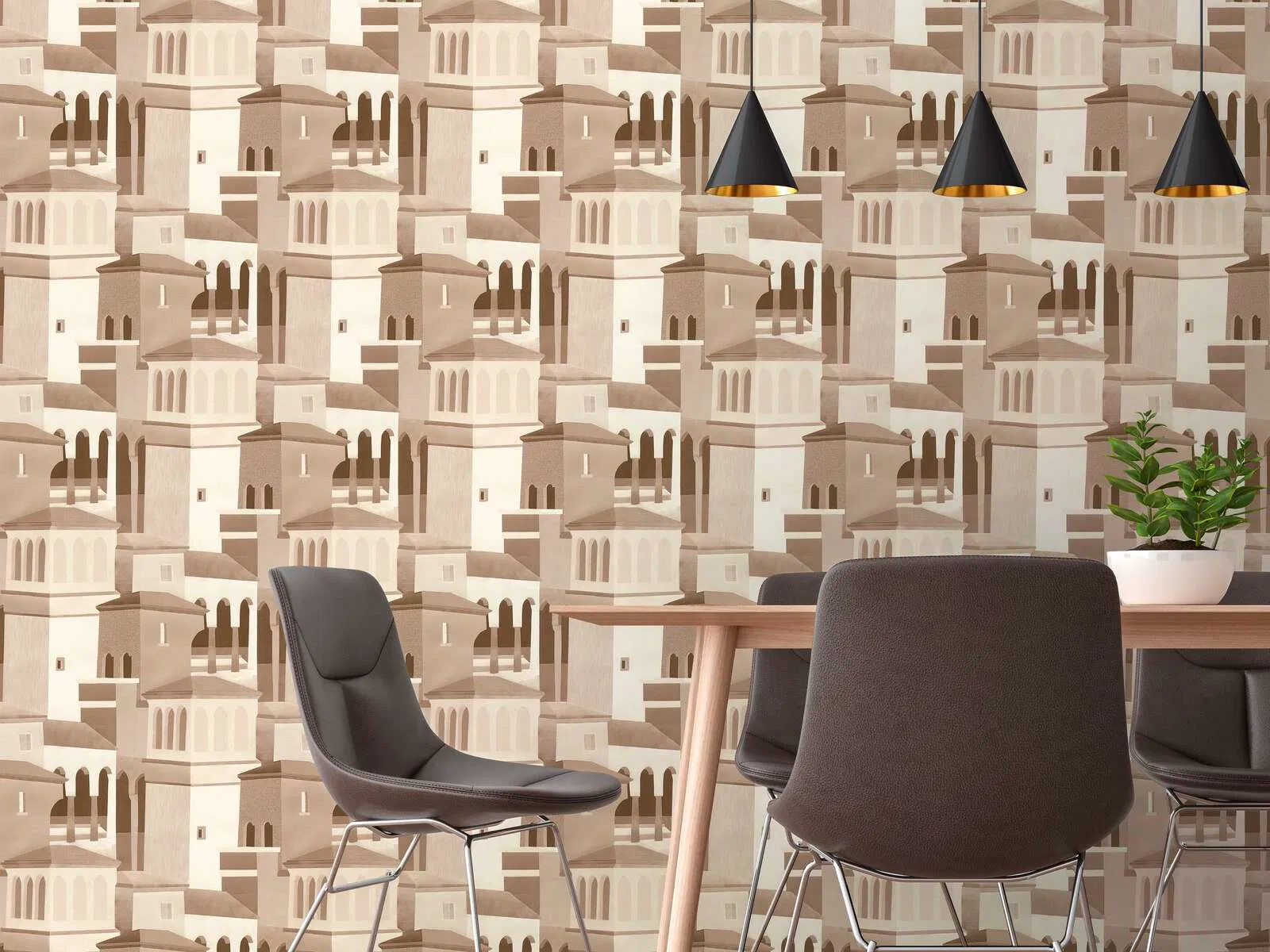 Mosható dekor tapéta antique épület mintával barna színben