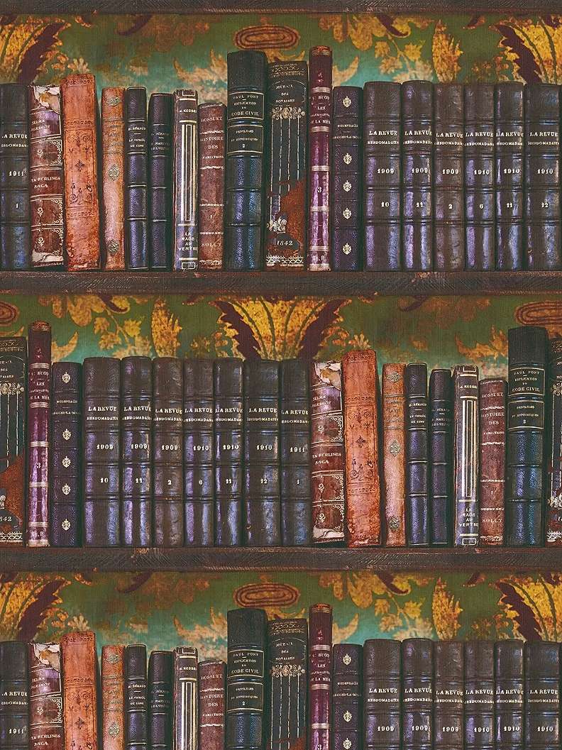 Mosható dekor tapéta antique könyvespolc mintával barna és zöld színben