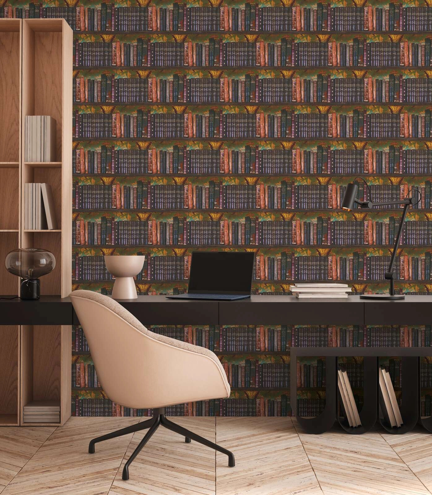 Mosható dekor tapéta antique könyvespolc mintával barna és zöld színben