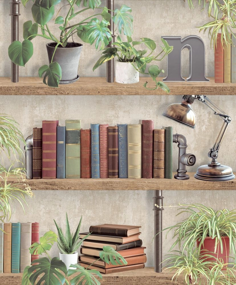 Mosható dekor tapéta beige könyvespolc virágokkal mintával