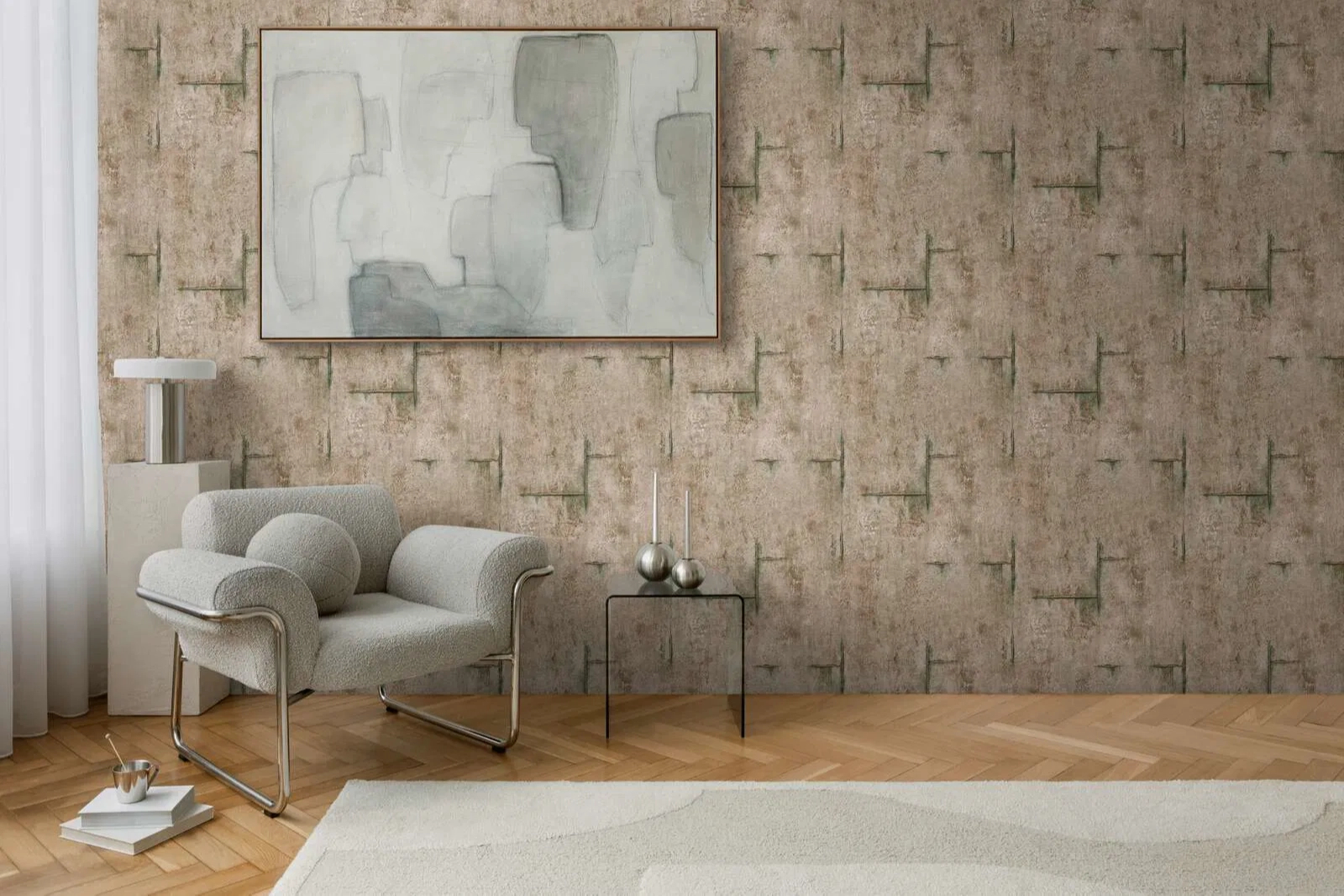 Mosható dekor tapéta betonhatású mintával barna és zöld színben