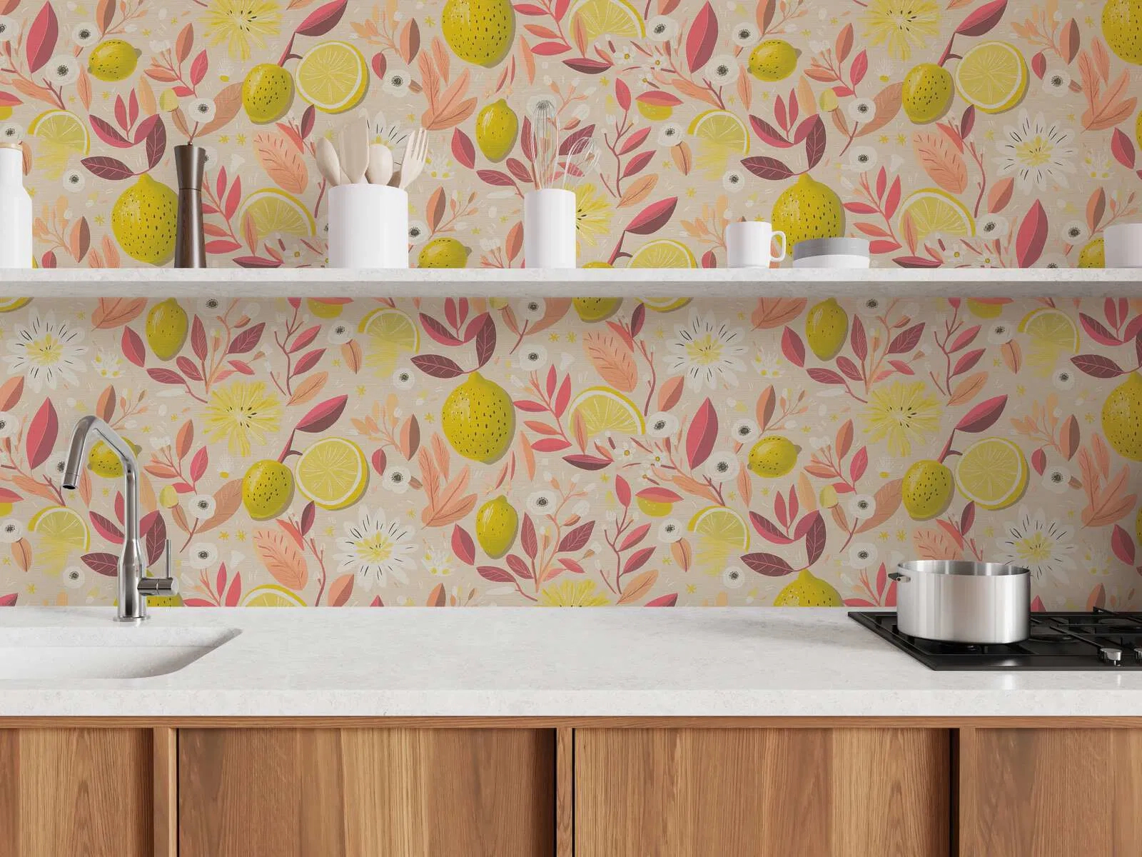 Mosható dekor tapéta citrom mintával sárgta és rózsaszín színben beige háttéren