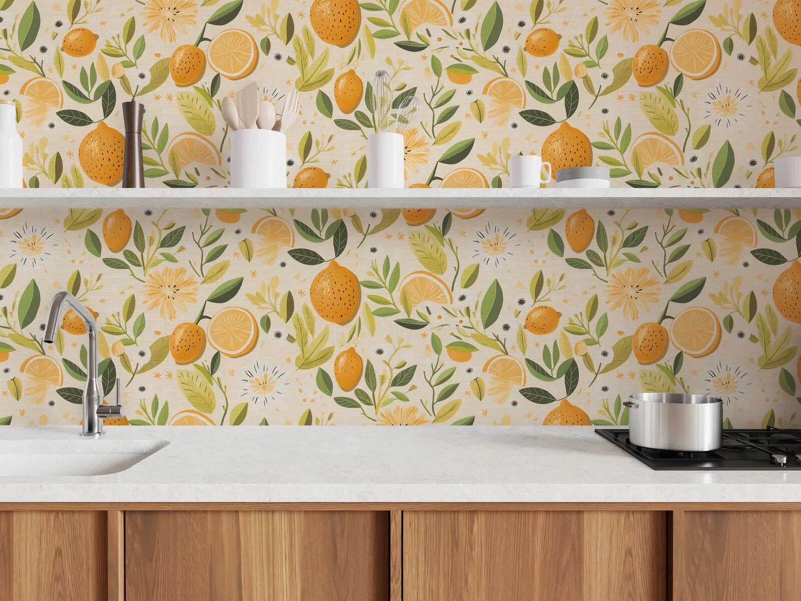 Mosható dekor tapéta citrom mintával sárgta és zöld színben krém háttéren