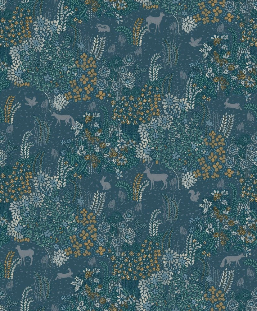 Mosható dekor tapéta éjjkék és fényes ezüst színű virágos rét állatokkal mintával